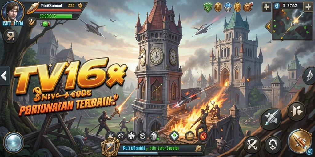 Tampilan gameplay BTV168 dengan menara yang megah dan serangan musuh.