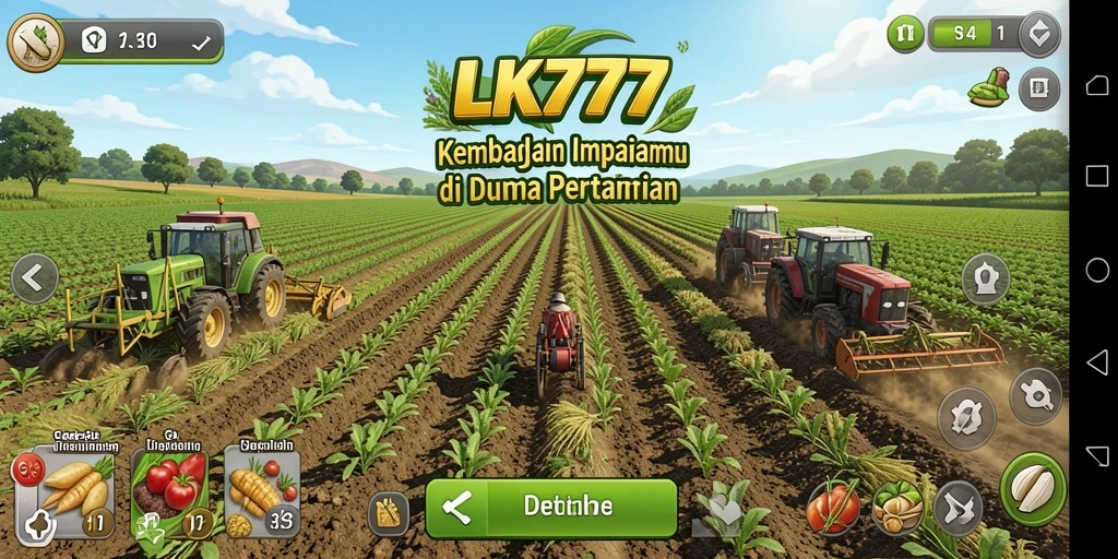 Tampilan gameplay LK777 dengan ladang penuh tanaman hijau dan hewan ternak.