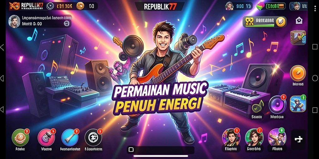 Gameplay seru di REPUBLIK77 yang menampilkan berbagai lagu musikan.