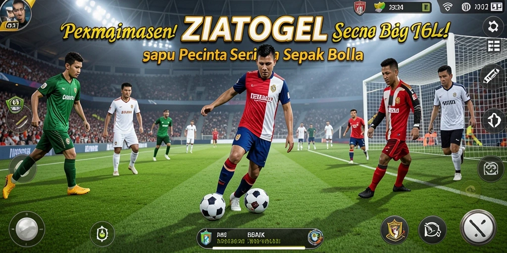 Screenshot gameplay ZIATOGEL menampilkan aksi seru sepak bola.